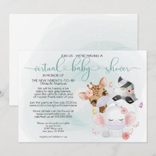 Teal Cute Animals in Masks Virtuell Baby Shower Inbjudningar
