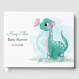 Teal Cute Dinosaur med Butterfly Baby Shower Gästböcker
