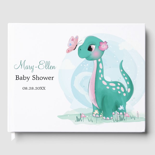 Teal Cute Dinosaur med Butterfly Baby Shower Gästböcker (Framsida)