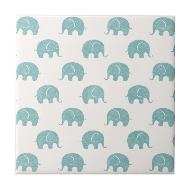 Teal Cute Elephant Mönster Kakelplatta (Framsidan)