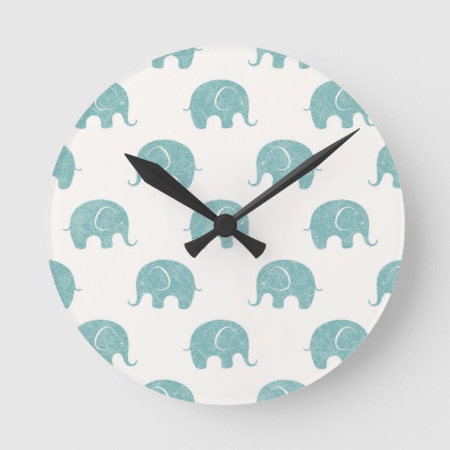 Teal Cute Elephant Mönster Rund Klocka (Framsida)
