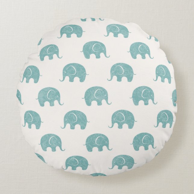 Teal Cute Elephant Mönster Rund Kudde (Framsidan)