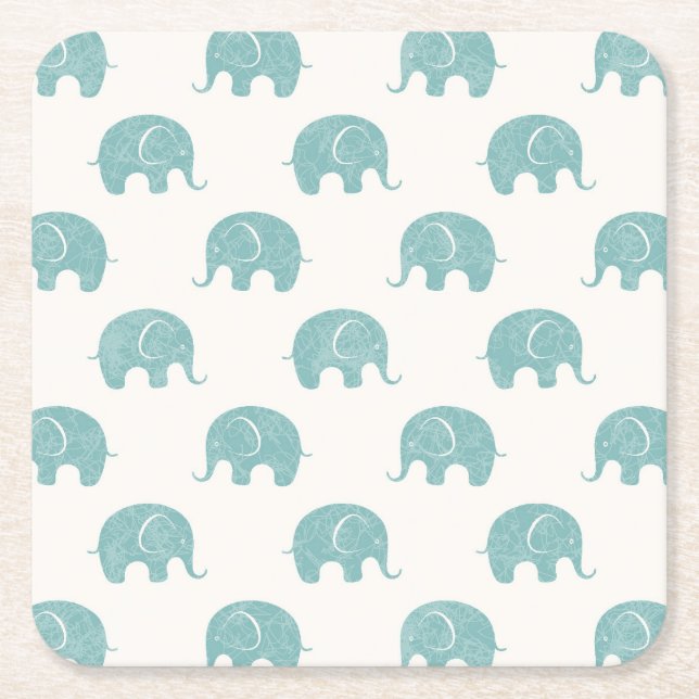Teal Cute Elephant Mönster Underlägg Papper Kvadrat (Framsidan)
