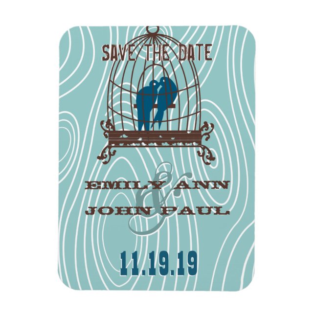 Teal Cute Kissing Love birds Sitta i fågelburk Magnet (Vertikal)