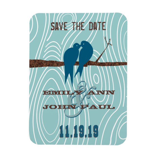 Teal Cute Kissing Love birds Sitta i Träd Magnet (Vertikal)