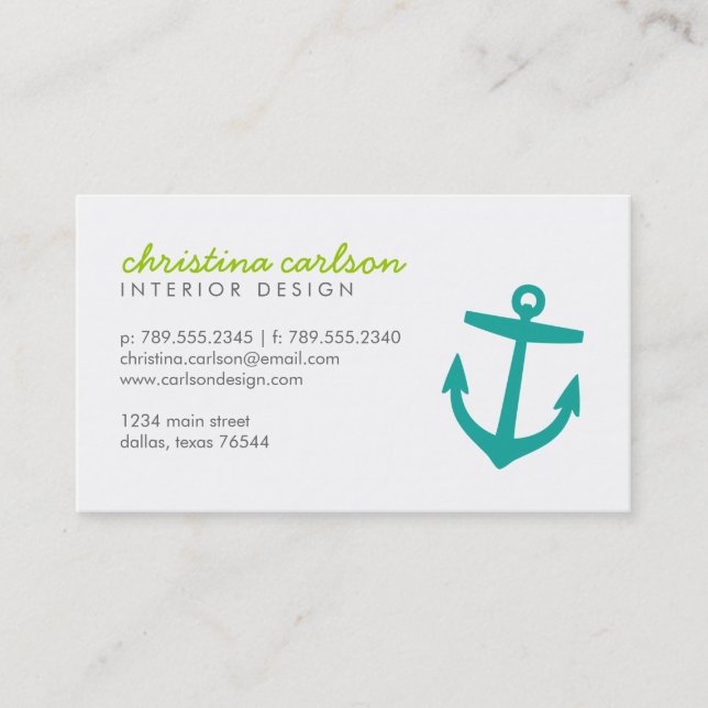 Teal Cute Nautical Anchor och Rand Visitkort (Framsida)