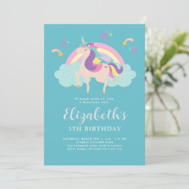 Teal | Cute Rainbow Unicorn Personlig Birday Inbjudningar