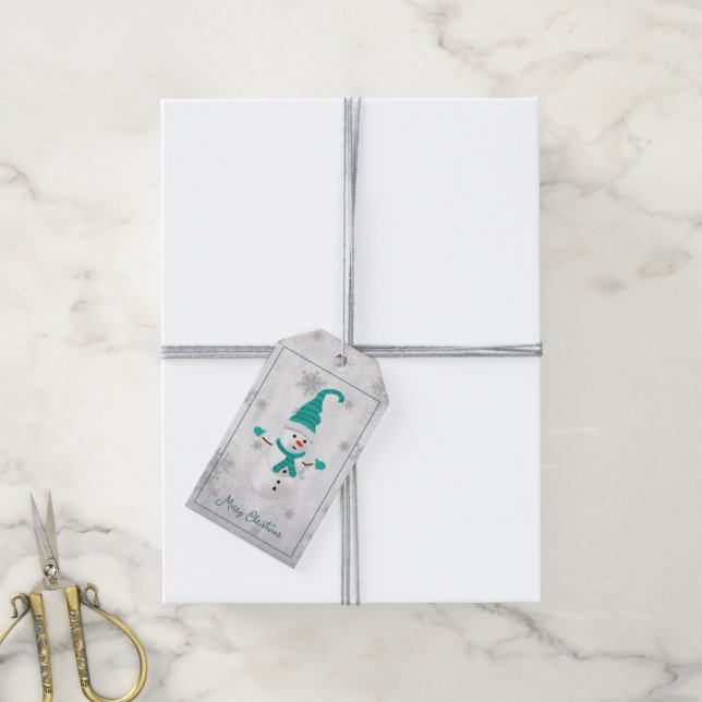 Teal Cute Snögubbe Helgdag Gift Märkre Presentetikett (Med Snöre)
