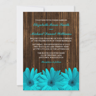 Teal Daisy Barn Wood bröllopsinbjudningar Inbjudningar