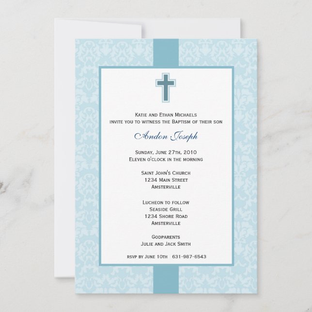 Teal Damask Baptismal-inbjudan. Inbjudningar (Framsida)