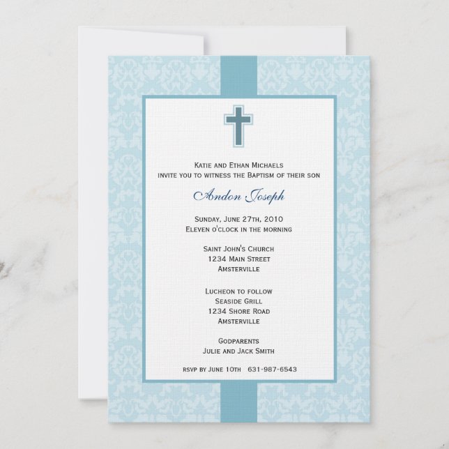 Teal Damask Baptismal-inbjudan. Inbjudningar (Framsida)
