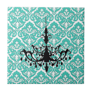 Teal Damask Black Chandelier Kakelplatta