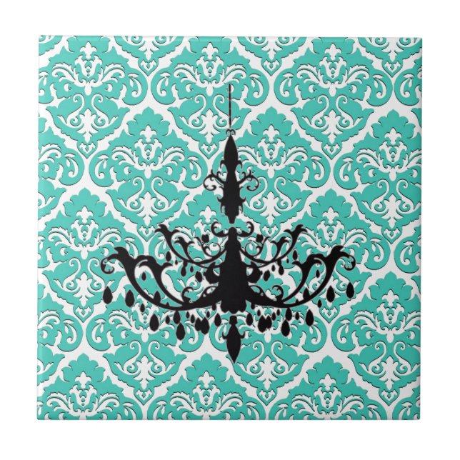 Teal Damask Black Chandelier Kakelplatta (Framsidan)