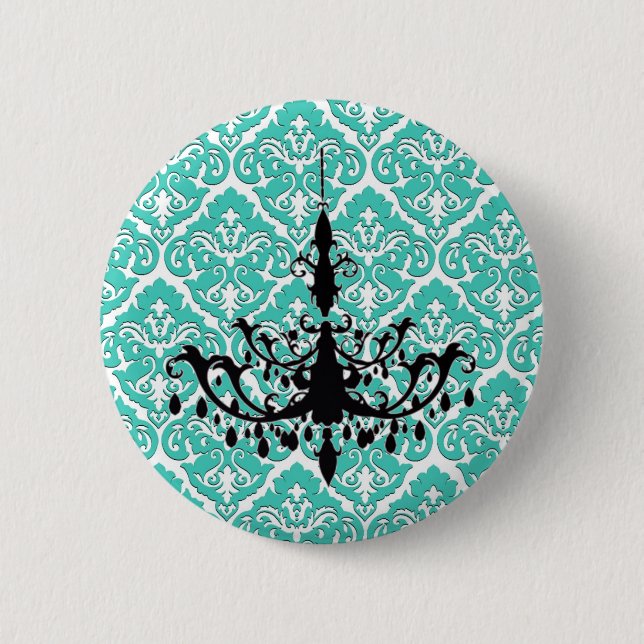 Teal Damask Black Chandelier Knapp (Framsida)