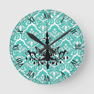 Teal Damask Black Chandelier Rund Klocka