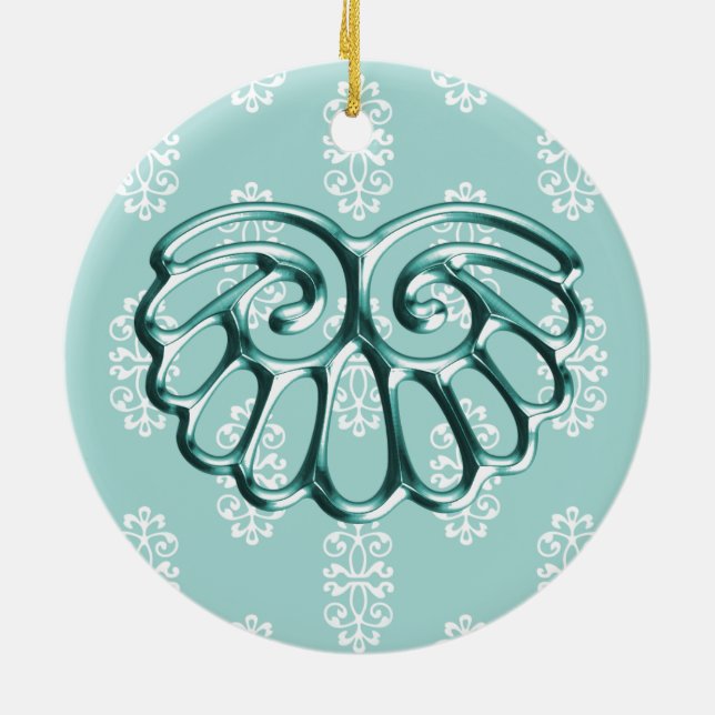 Teal Damask bröllop Spara datum Julgransprydnad Keramik (Baksidan)