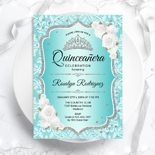 Teal Damask Elegant Blommigt Quinceanera Inbjudningar