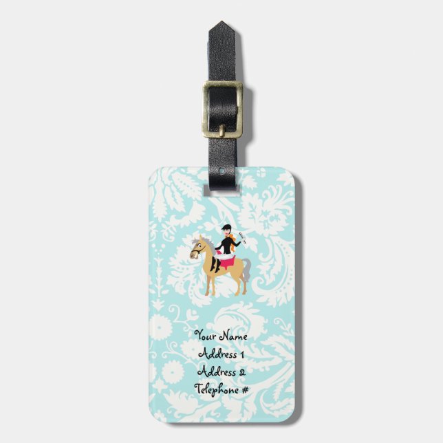 Teal Damask Equestrian Bagagebricka (Vertikal Framsida)