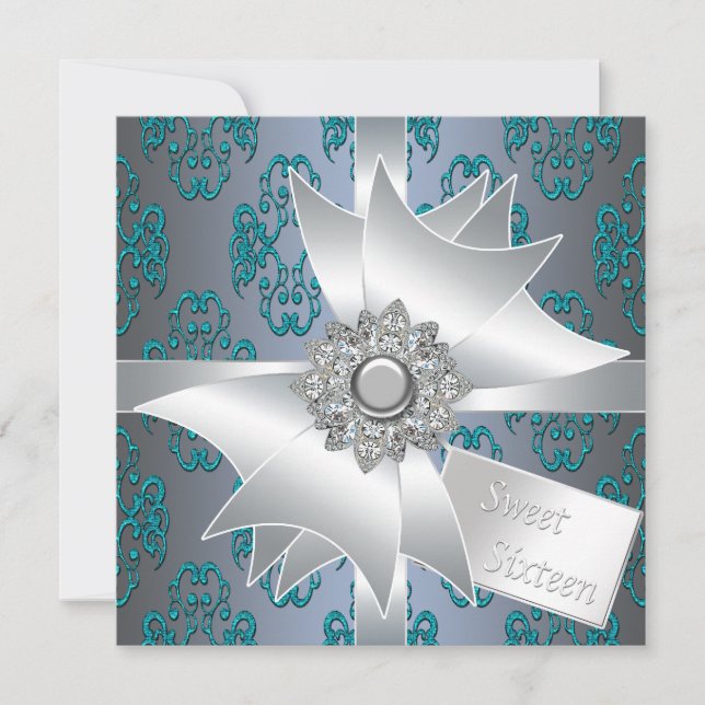 Teal Damask Glitter Gift Sweet sixteen Inbjudningar (Framsida)