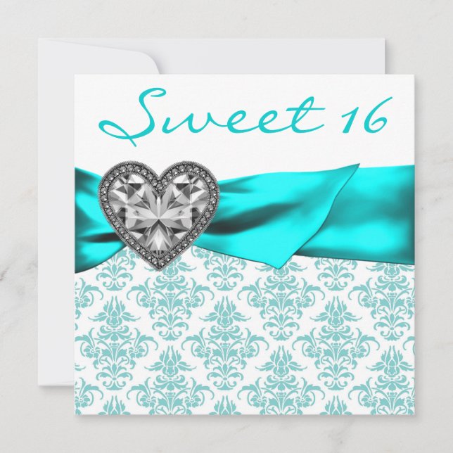 Teal Damask Heart Teal Blue Sweet 16 Party Inbjudningar (Framsida)