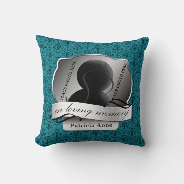 Teal Damask "in loving Memory" i Memoriam Kudde (Framsida)