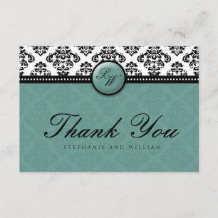 Teal Damask Monogram Bröllop - tackkort Tack Kort