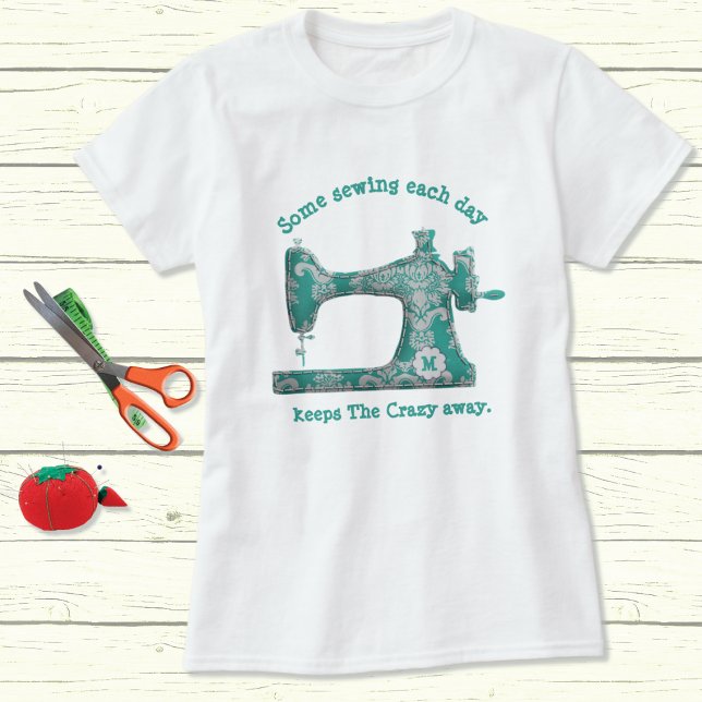 Teal Damask Monogram Sewing Humor T-Shirt (Skapare uppladdad)