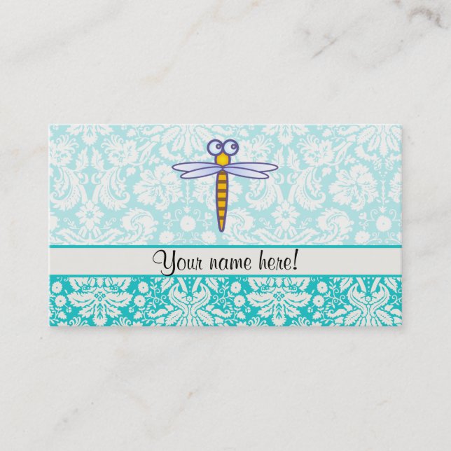 Teal Damask Pattern Dragonfly Visitkort (Framsida)