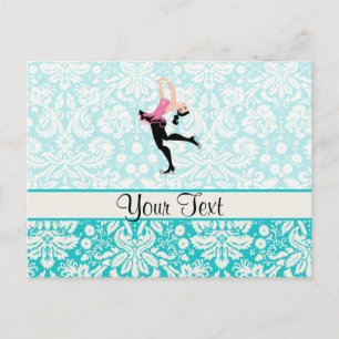 Teal Damask Pattern Ice Skating Vykort