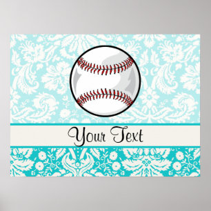 Teal Damask Pattern Softball Poster