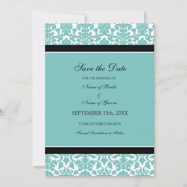 Teal Damask Photo Bröllop spara datum Card Spara Datumet (Framsida)