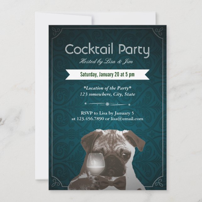 Teal Damask Pug & Vin Cocktail Party-inbjudningar Inbjudningar (Framsida)