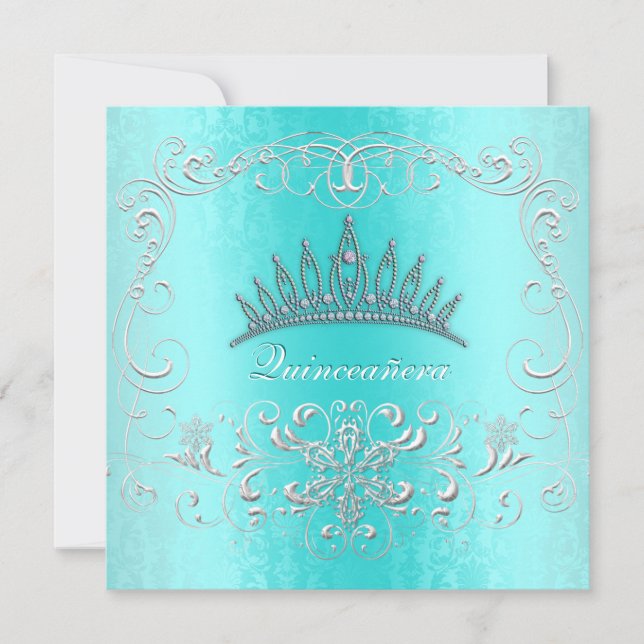 Teal Damask Quinceanera Diamond Tiara Inbjudan (Framsida)
