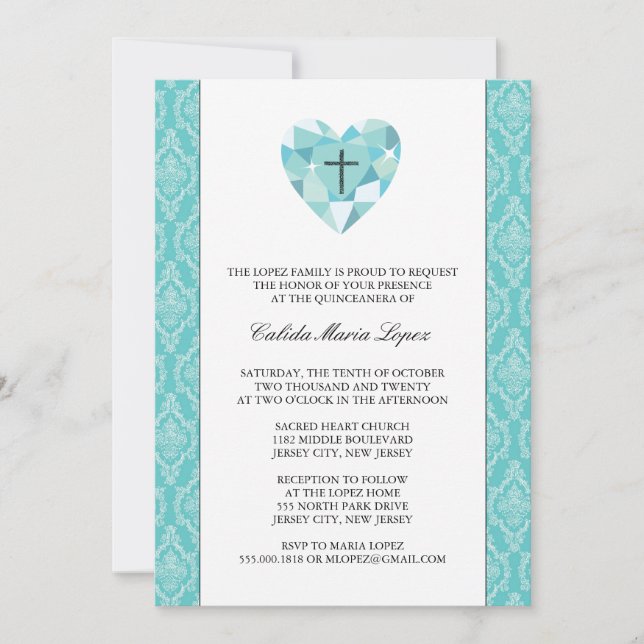 Teal Damask Quinceanera-inbjudningar Inbjudningar (Framsida)