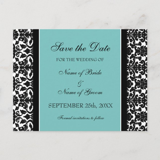 Teal Damask Save Date Bröllop Postcard Meddelande Vykort (Framsida)