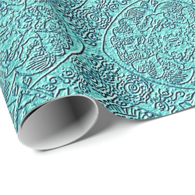 Teal damask struktur mönster presentpapper (Rullad Hörn)