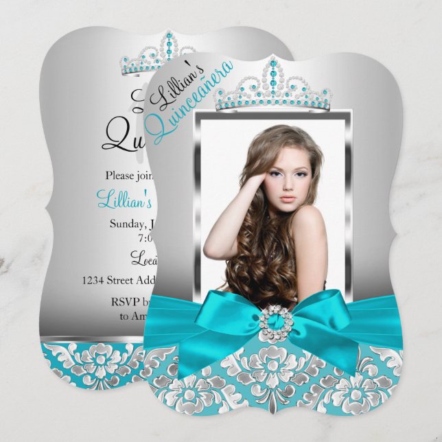 Teal Damask Tiara Photo Quinceanera Inbjudan (Fram/baksida)