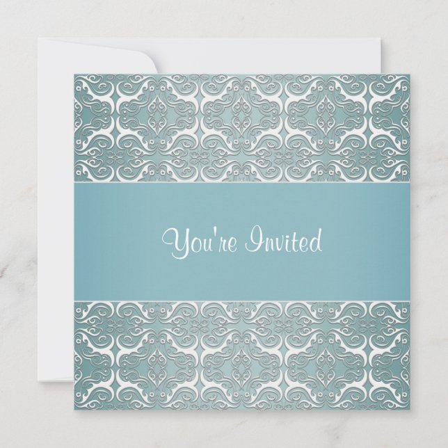 Teal Damask Tillfällen Party Template Inbjudan (Framsida)