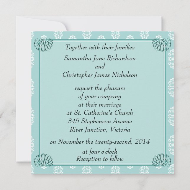 Teal Damask Wedding Inbjudningar (Baksida)