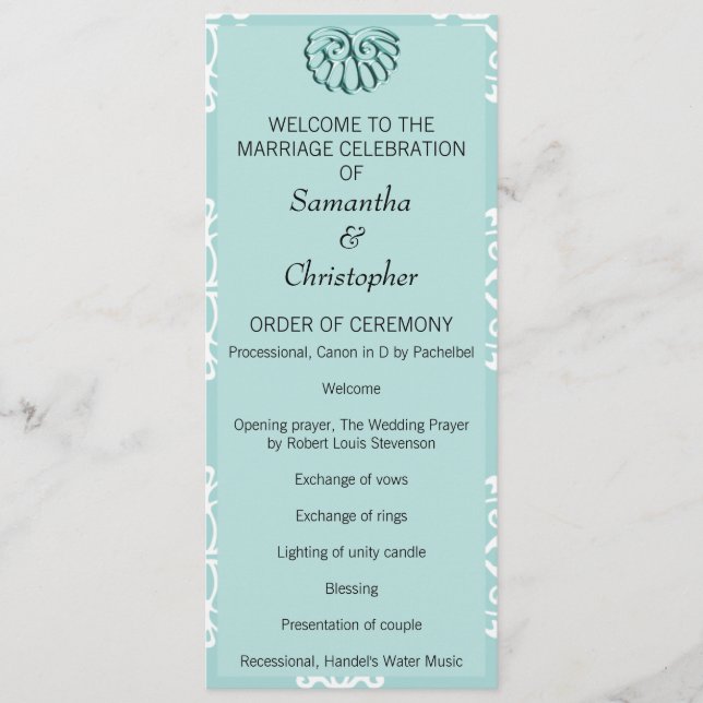 Teal Damask Wedding Program (Framsida)