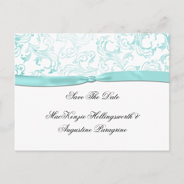 Teal Damask with Teal Ribbon Save the Date Meddelande Vykort (Framsida)