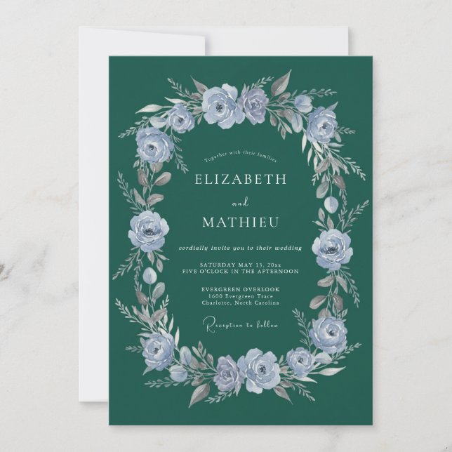 Teal Dammig Blå Blommig Krans Bröllop Inbjudningar (Framsida)