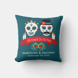 Teal Day of the dead Sugar Skull Namn Bröllop Kudde
