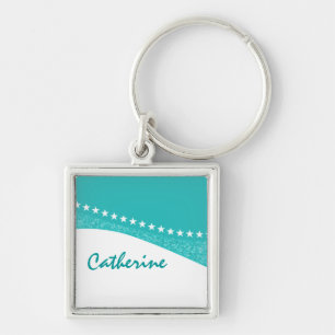 Teal Dazzling Star Kurvor Premium Keychain Fyrkantig Silverfärgad Nyckelring