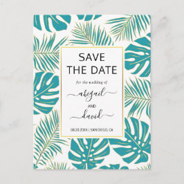 Teal, de tropiska löven guld bröllop spara datum meddelande vykort