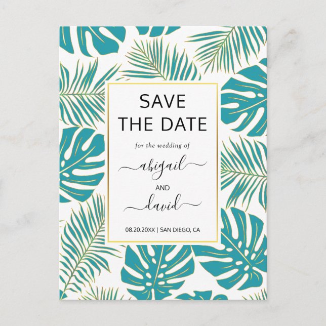 Teal, de tropiska löven guld bröllop spara datum meddelande vykort (Framsida)