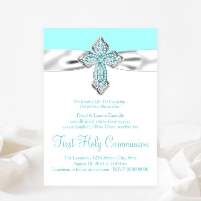 Teal Diamond Kor Girls Teal Blue First Communion Inbjudningar (Any event invitation - simply add your details.)