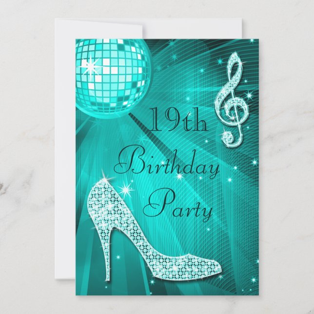 Teal Disco Ball och Sparkly Klackar 19-årsdag Inbjudningar (Framsida)