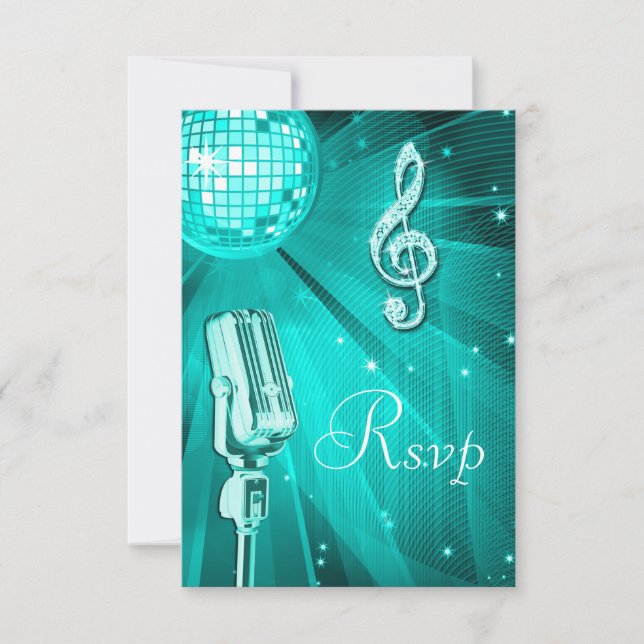 Teal Disco Ball & Retro Mikrofon RSVP OSA Kort (Framsida)
