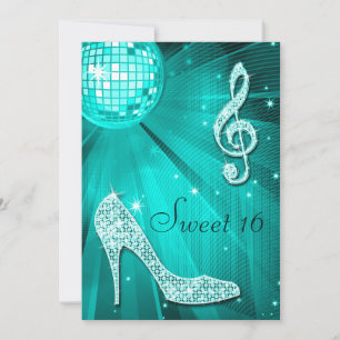 Teal Disco Boll och Gnistra Heels Sweet 16 Inbjudningar